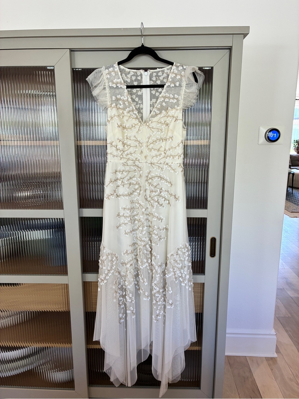 BCBGMaxAzria Ivory Embroidered Tulle V-Neck Midi Gown